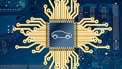 An illustration representing a computer circuit board and a car chip.