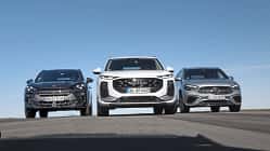 Audi Q3 SUV TFSI, Cupra Terramar 2.0, Mercedes GLA250 nebeneinander auf Fahrbahn, Frontalansicht.