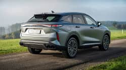 Das Bild zeigt einen OMODA 9 SUV in silberner Lackierung, fotografiert von schräg hinten im Außenbereich auf einer Landstraße. Das Fahrzeug steht auf einer asphaltierten Straße, im Hintergrund ist eine grüne Wiese und eine Baumreihe zu sehen. Die Aufnahme hebt das moderne Design und die markanten LED-Rückleuchten des OMODA 9 hervor.