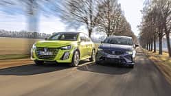 Zwei Kleinwagen, ein Peugeot 208 Hybrid und ein Seat Ibiza 1.5 eTSi, fahren nebeneinander auf einer Allee.