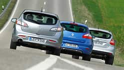 Ford Focus 1.6 ECOBOOST, Mazda 3 2.0 MZR i-STOP, Renault Megane TCe 130, alle Fahrzeuge, Rückansicht