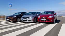 Ford Focus 2.0 TDCi, Honda Civic 2.2 i-DTEC, Mazda 3 2.2 MRZ-CD, Frontansicht