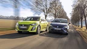 Zwei Kleinwagen, ein Peugeot 208 Hybrid und ein Seat Ibiza 1.5 eTSi, fahren nebeneinander auf einer Allee.