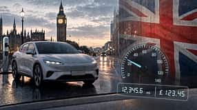 Ein Elektroauto lädt an einer Ladesäule im Hintergrund ist der Big Bang zu sehen, dazu eine eingeblendeter Union Jack. Ein Tacho mit Kilometerangabe und einem Preis-Zähler symbolisiert die Abgabe pro Kilometer