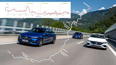 Mercedes EQE 350+ C300e C300d auf Autobahn mit Höhenprofil und Route für Effizienzfahrt Sifi Cassis