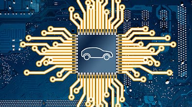 An illustration representing a computer circuit board and a car chip.