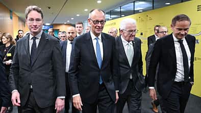 9. Strategiedialog Baden-Württemberg Källenius, Ola Kaellenius, Chairman of the Board of Management of Mercedes-Benz Group AG, German Chancellor Friedrich Merz, Minister President of Baden-Wuerttemberg Winfried Kretschmann and Oliver Blume, CEO of Volkswagen AG