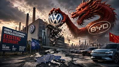 BYD übernimmt Volkswagen ChatGPT Composing BYD Drache greift Wolfsburg und VW Logo an BYD Volkswagen