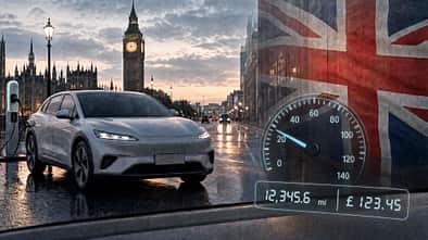 Ein Elektroauto lädt an einer Ladesäule im Hintergrund ist der Big Bang zu sehen, dazu eine eingeblendeter Union Jack. Ein Tacho mit Kilometerangabe und einem Preis-Zähler symbolisiert die Abgabe pro Kilometer