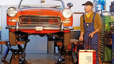 Austin-Healey Sprite, Frontansicht, Hebebühne