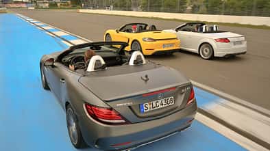 Audi TTS Roadster, Mercedes-AMG SLC 43, Porsche 718 Boxster, Heckansicht