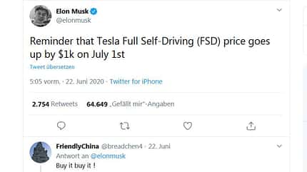 Tweet Elon Musk Tesla FSD Preiserhöhung, 06/2020 FSD-Tweet von Elon Musk