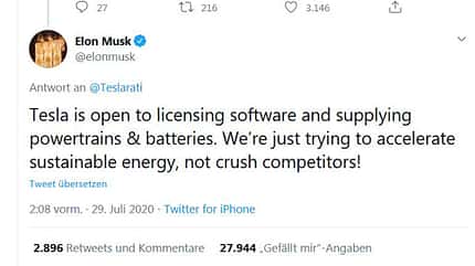 Tesla, Tweet Elon Musk, Lizenzvergabe, 07/2020 Tesla, Tweet Elon Musk, Lizenzvergabe