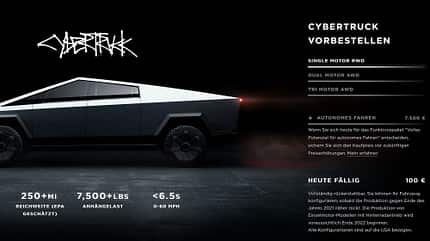 Tesla Cybertruck, bestellbar in Deutschland Der Tesla Cybertruck ist in Deutschland bestellbar.