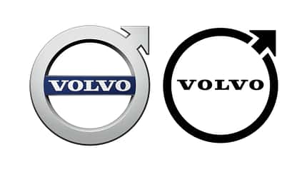 Volvo Logo alt 3D farbig vs neu 2D schwarz/weiß 09/2021, Volvo Logo alt 3D farbig vs neu 2D schwarz/weiß