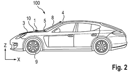 Porsche Patent Scheibenwischer Luft, 01/2026 Porsche ersetzt im Patent Scheibenwischer durch Luftströmungen.