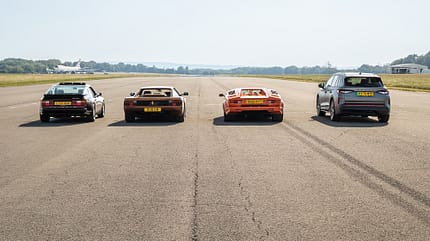 Skoda Elroq RS vs Supercars der 1980er-Jahre, Ferrari Testarossa, Lamborghini Countach, Porsche 944 Turbo, 07/2026 Skoda Elroq RS vs Supercars der 1980er-Jahre