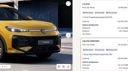 VW T-Roc 2.0 eTSI 4Motion, 2,0-Liter eTSI 4MOTION Mildhybrid: 150 kW (204 PS), Allradantrieb, Canary Yellow, Konfigurator, 07/2026 VW T-Roc 2.0 eTSI 4Motion