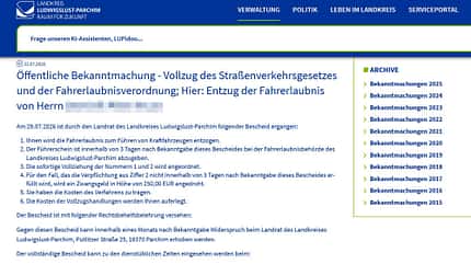 Öffentliche Bekanntmachung Ludwigslust Führerschein-Entzug