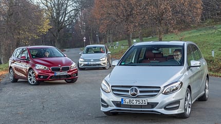 BMW Zweier Active Tourer, Mercedes B-Klasse, VW Golf Sportsvan, ams2614, Vergleich BMW Zweier Active Tourer, Mercedes B-Klasse, VW Golf Sportsvan, Frontansicht