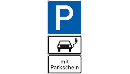 Richtzeichen 314 Parken Zusatzzeichen 1010-66 Bevorrechtigung elektrisch betriebener Fahrzeuge Zusatzzeichen 1053-31 Mit Parkschein