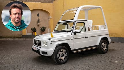 Collage - Fernando Alonso & Mercedes G-Klasse 580 EQ Papamobil Papst Franziskus