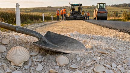 07/2026, Frankreich Straßenbau Jacobsmuschel Eine Straßenbaustelle in der Froschperspektive. Vorne eine Schaufel die auf einem Haufen weißen Muschelpulver liegt, teilweise sind noch Jacobsmuscheln zu erkennen. Im Hintergrund asphaltieren Bauarbeiter eine Straße.