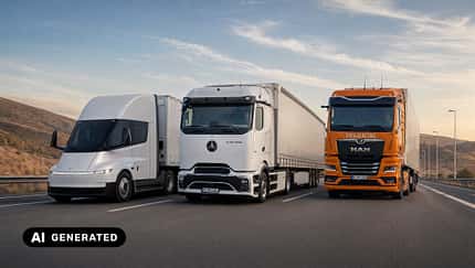 Tesla Semi, MAN eTGX, Mercedes eActros 600 im Vergleich, KI-generiert, 08/2026 Tesla Semi, MAN eTGX, Mercedes eActros 600 im Vergleich