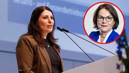 08/2026, Daniela Cavallo eingeklinkt Birgit Priemer Daniela Cavallo, die Gesamt- und Konzernbetriebsratsvorsitzende des VW-Konzerns, bei einer Rede. Eingeklinkt ist ein Portraitbild von Birgit Priemer, Chefredakteurin von auto motor und sport.