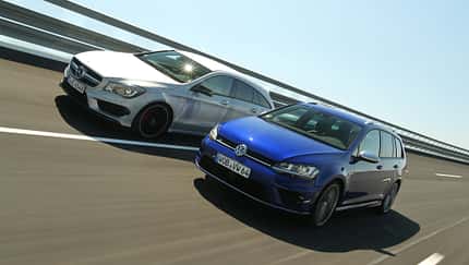 Mercedes CLA 45 AMG Shooting Brake, VW Golf Variant R, Frontansicht