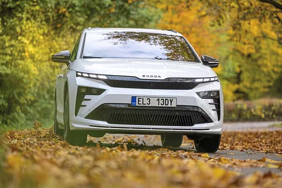 Frontansicht eines weißen Skoda Enyaq RS 79 kWh auf einer herbstlichen Straße, umgeben von buntem Laub.