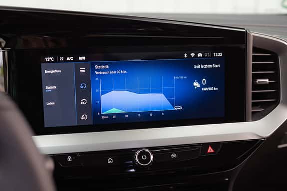 Das Bild zeigt das digitale Cockpit eines Opel Mokka mit einem Energieverbrauchsdiagramm auf dem zentralen Infotainment-Display.