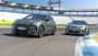 Cupra Raval, Alpine A290GTS, Elektroauto, Kompaktsportwagen, Hockenheimring, Gruppenaufnahme, Rennstrecke, Automobiltechnik, 2024 Zwei Elektro-Kompaktsportwagen, Cupra Raval und Alpine A290GTS, fahren auf dem Hockenheimring.