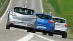 Ford Focus 1.6 ECOBOOST, Mazda 3 2.0 MZR i-STOP, Renault Megane TCe 130, alle Fahrzeuge, Rückansicht