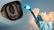 Amerika New York Elektrifizierung Elektro Freiheitsstatue Collage Stecker Buchse