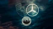 Porsche Mercedes Logo mit Stuttgart dunkle Wolken