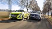 Zwei Kleinwagen, ein Peugeot 208 Hybrid und ein Seat Ibiza 1.5 eTSi, fahren nebeneinander auf einer Allee.