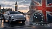 Ein Elektroauto lädt an einer Ladesäule im Hintergrund ist der Big Bang zu sehen, dazu eine eingeblendeter Union Jack. Ein Tacho mit Kilometerangabe und einem Preis-Zähler symbolisiert die Abgabe pro Kilometer