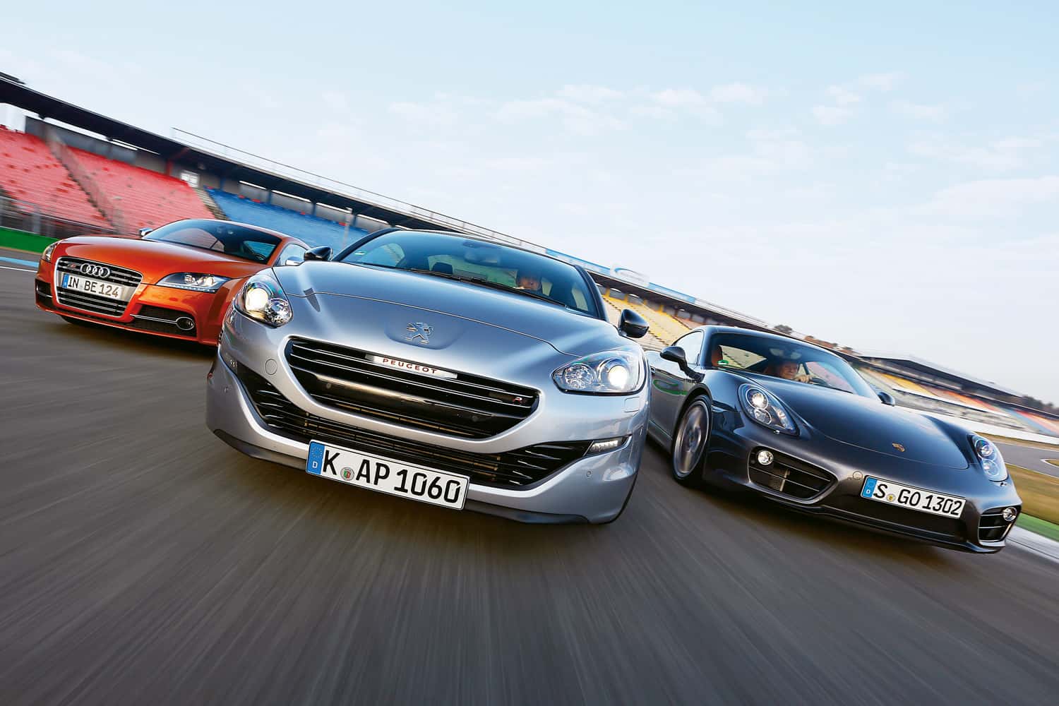 Peugeot RCZ R, Audi TTS, Porsche Cayman, spa0513, Vergleich Peugeot RCZ R, Audi TTS, Porsche Cayman, Frontansicht